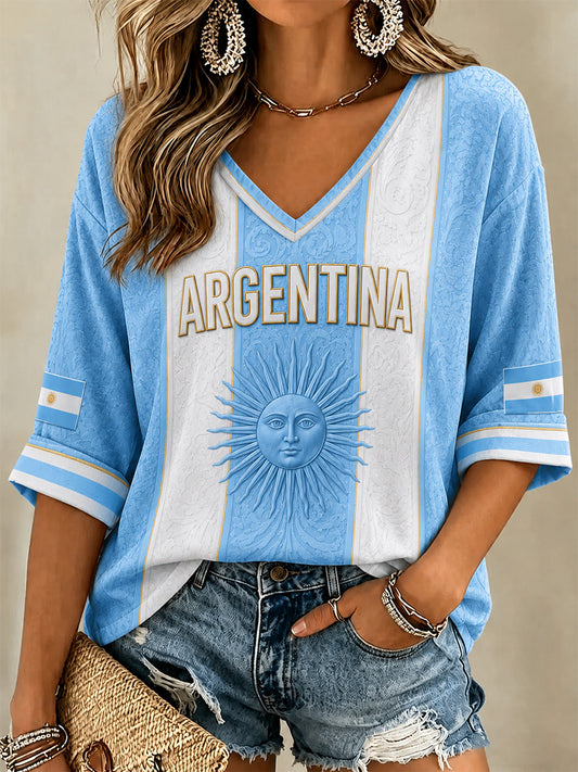 Women's Argentina Print Casual V-Neck Tee