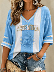 Women's Argentina Print Casual V-Neck Tee