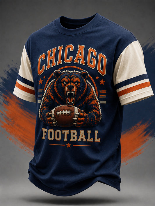 Men's Football Gameday Bear Print Gift For Football Fans Casual Tee