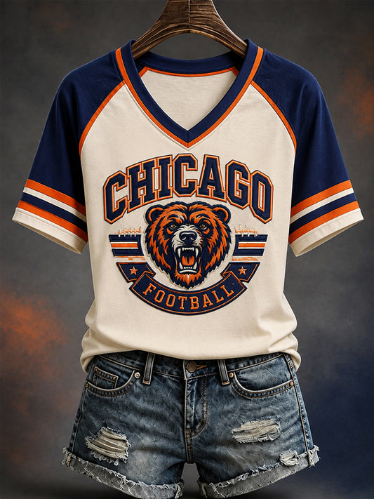 Women's Football Gameday Bear Print Gift For Football Fans Casual V-Neck Tee