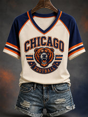 Women's Football Gameday Bear Print Gift For Football Fans Casual V-Neck Tee