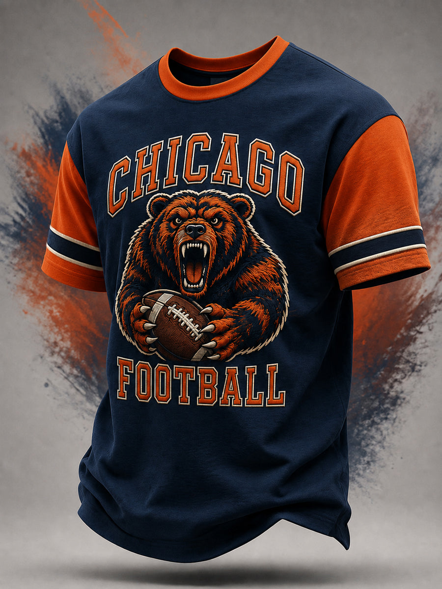 Men's Football Gameday Bear Print Gift For Football Fans Casual Tee
