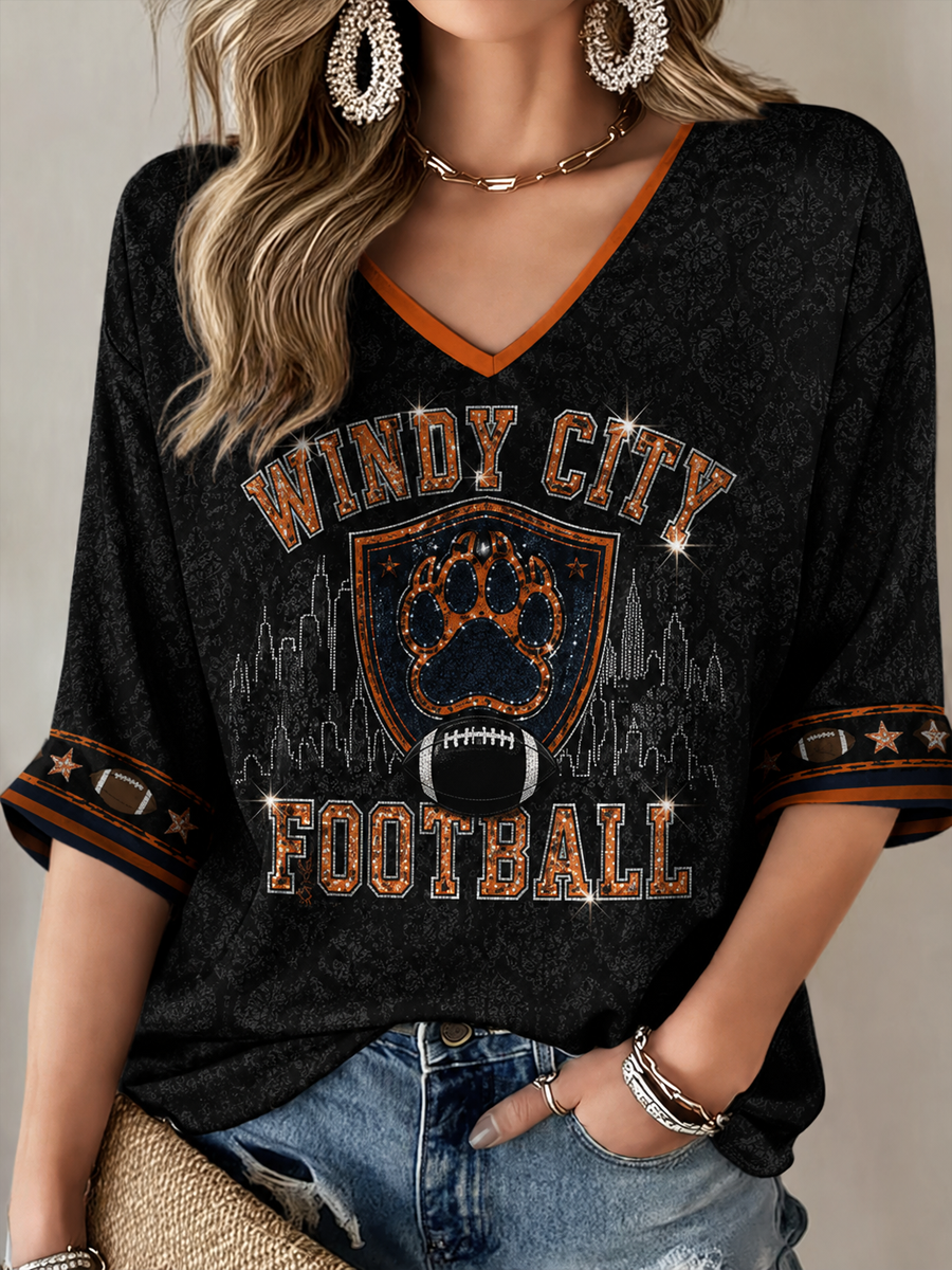 Women's Football Gameday Gift For Football Fans Mid-length Sleeves V-Neck T-Shirt