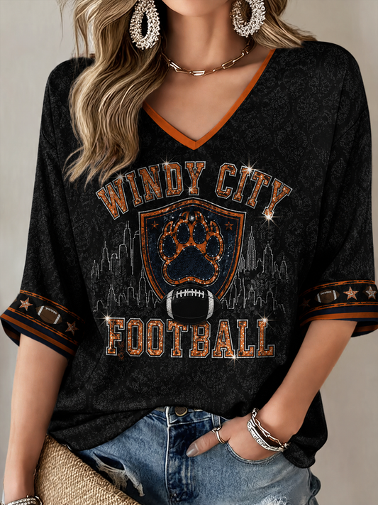Women's Football Gameday Gift For Football Fans Mid-length Sleeves V-Neck T-Shirt