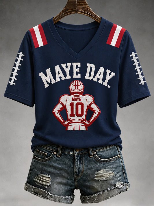 Women's Maye Day Football Gameday Gift For Football Fans Casual V-Neck Tee