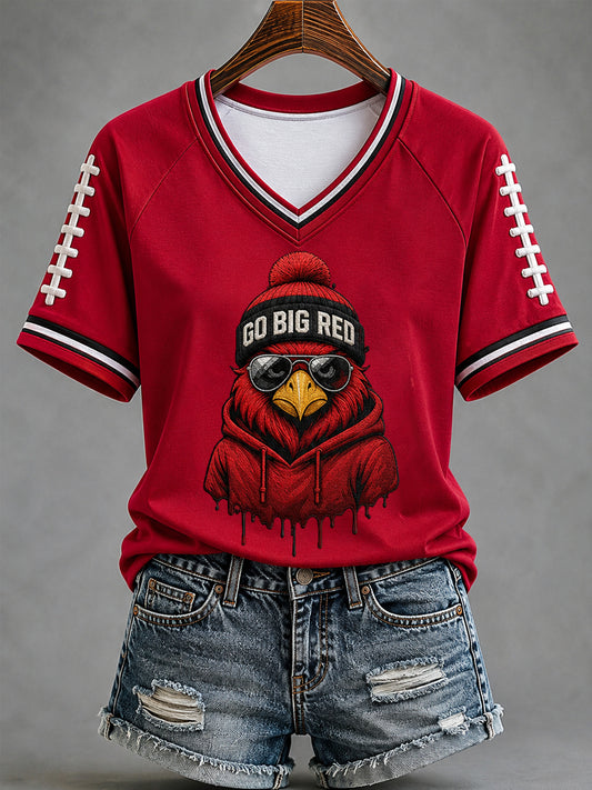 Women's Go Big Red Football Gameday Gift For Football Fans Casual V-Neck Tee