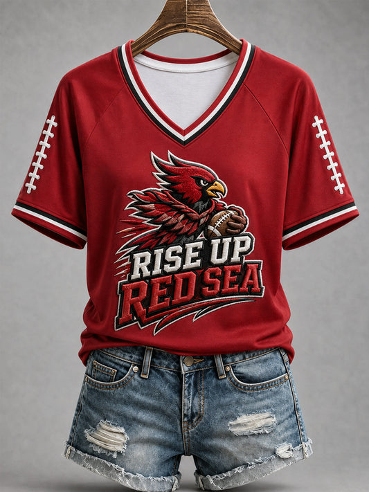 Women's Rise Up Red Sea Football Gameday Gift For Football Fans Casual V-Neck Tee