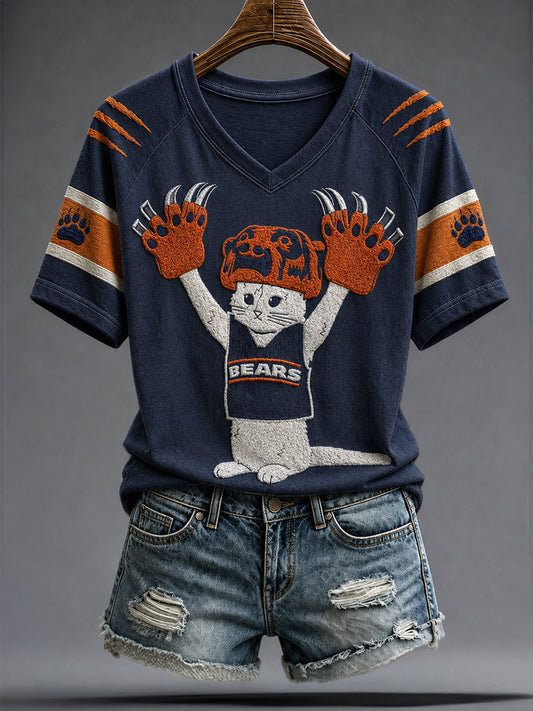 Women's Chicago Football Lover Bear Art Printed T-shirt