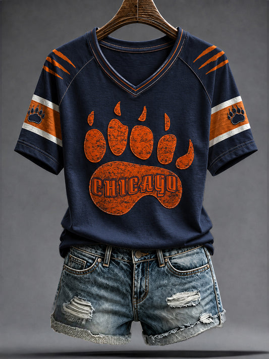 Women's Chicago Football Lover Bear Art Printed T-shirt