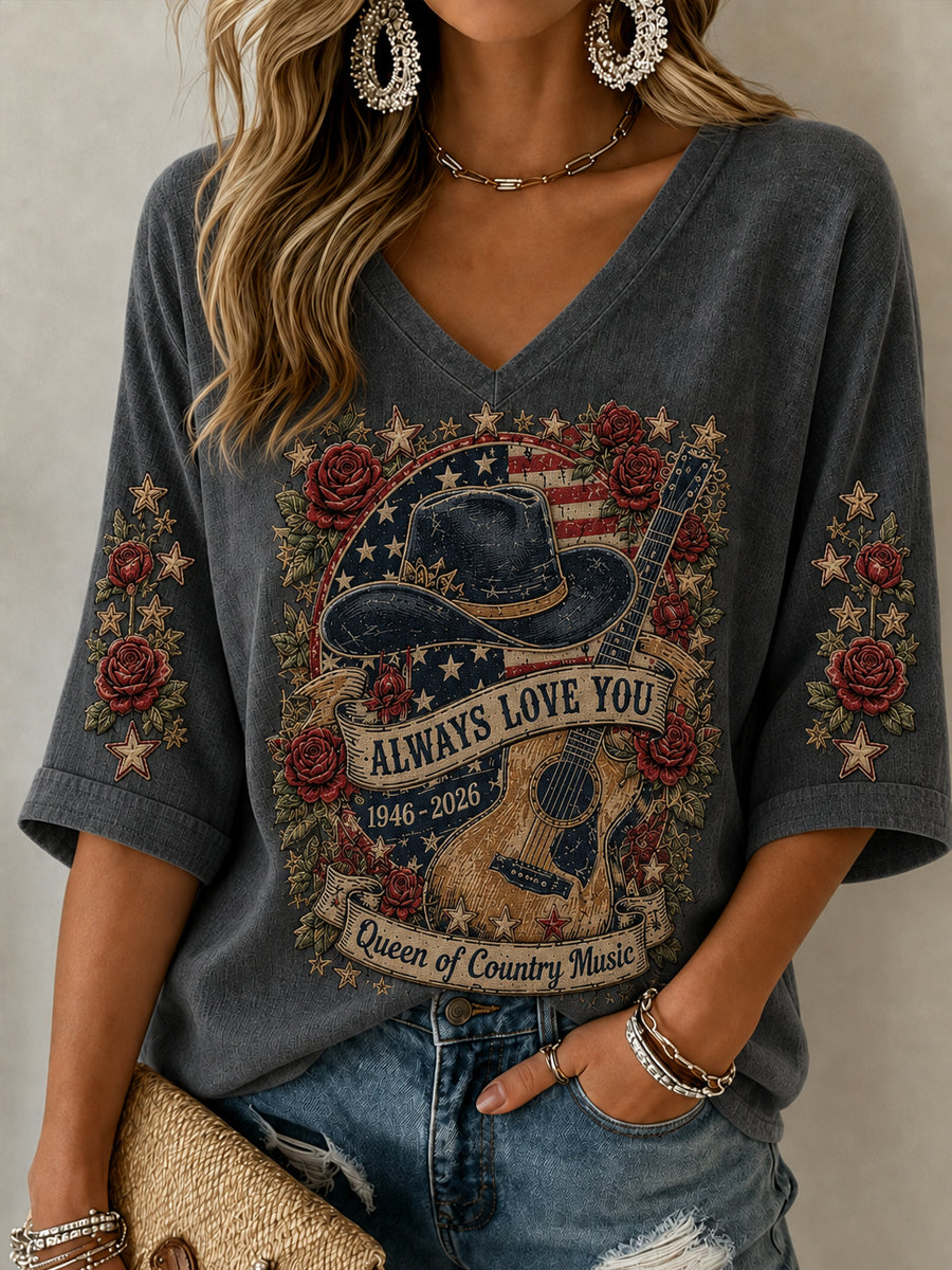 Women's Country Legend Tribute Mid-length Sleeves V-Neck T-Shirt