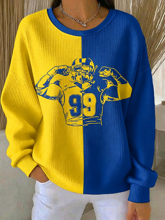 Women's Football Fan Print Ribbed Round-Neck Sweatshirt