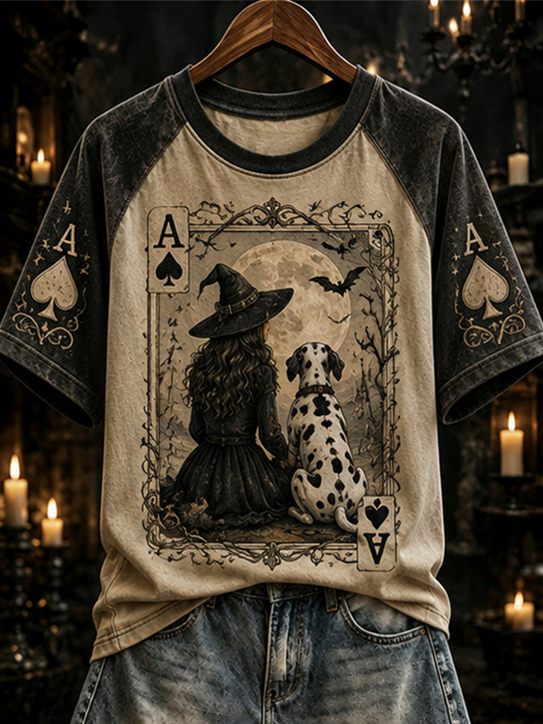 Women's Halloween Poker Elements Witch and Dog Pattern Design Casual Short Sleeve T-Shirt