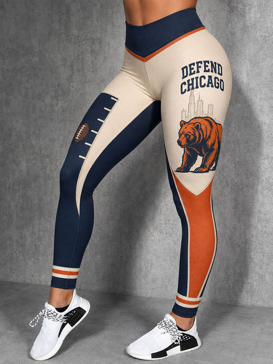 Women's Chicago Football Lover Bear Art Printed Leggings