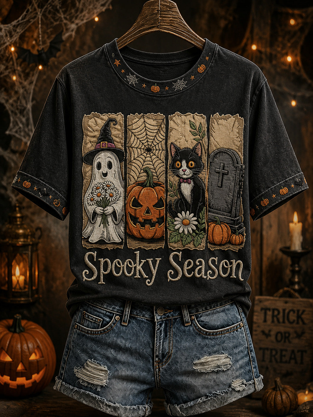 Women's Spooky Season Halloween Pattern Print Short-Sleeved T-shirt