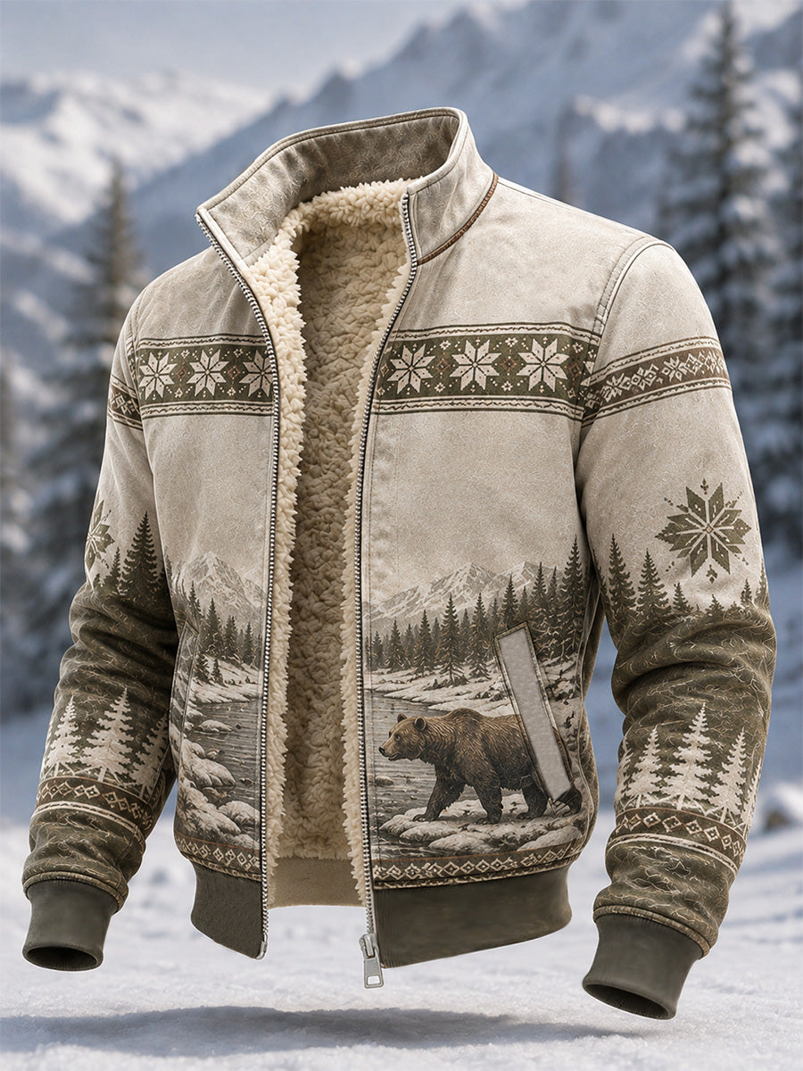 Men's Winter Snow Bear Print Casual Composite Fleece Jacket