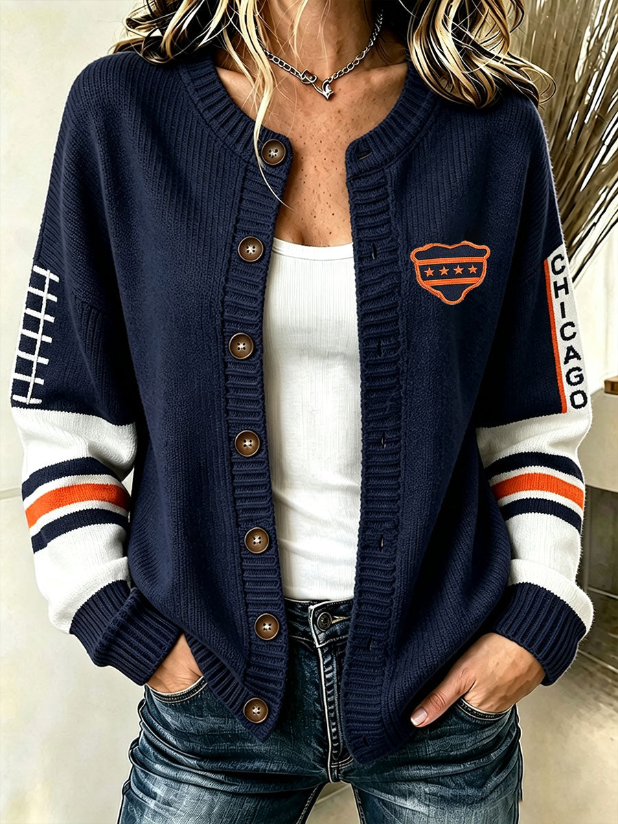 Women's Chicago Football Lover Bear Art Printed Cardigan-Style Knit Jacket
