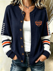 Women's Chicago Football Lover Bear Art Printed Cardigan-Style Knit Jacket