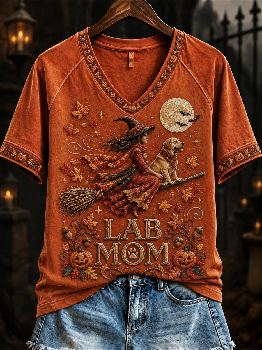 Women's Lab Mom Fall Halloween Witch & Dog Print short-sleeved T-shirt