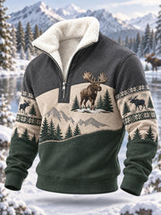 Men's Winter Moose Print Casual Plush Zipper Pullover