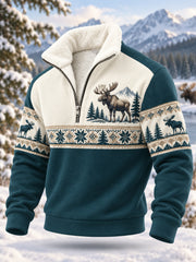 Men's Winter Moose Print Casual Plush Zipper Pullover