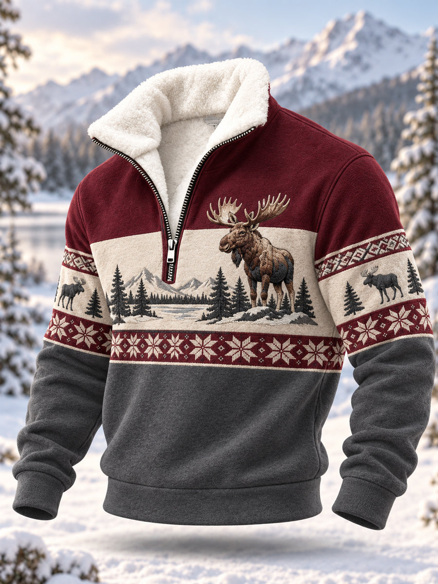 Men's Winter Moose Print Casual Plush Zipper Pullover