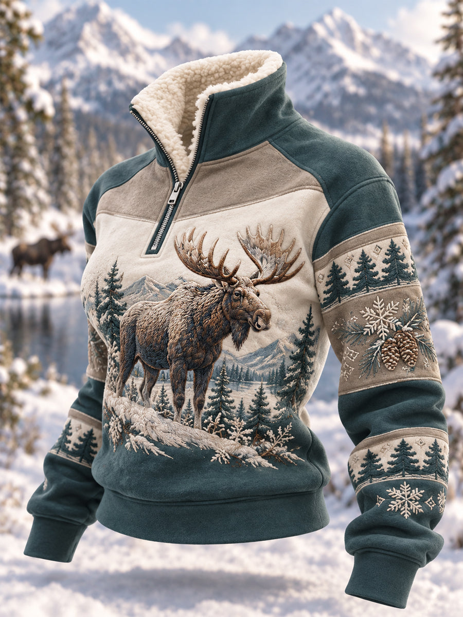 Women's Winter Moose Print Casual Plush Zipper Pullover