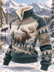 Women's Winter Moose Print Casual Plush Zipper Pullover