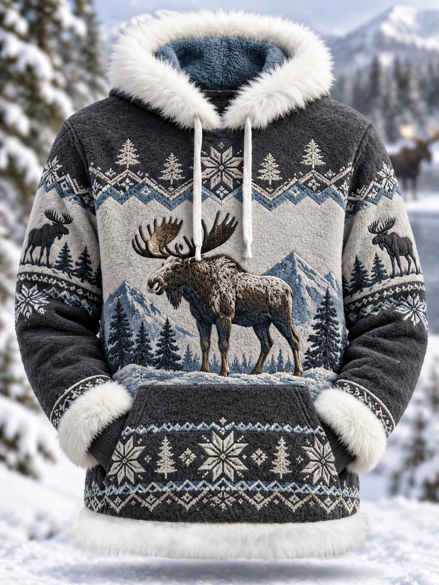 Women's Winter Moose Print Casual Plush Hoodie