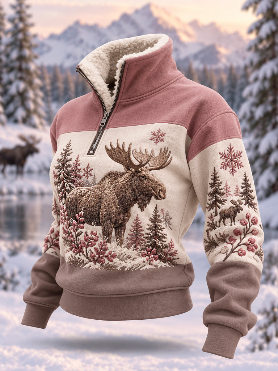 Women's Winter Moose Print Casual Plush Zipper Pullover