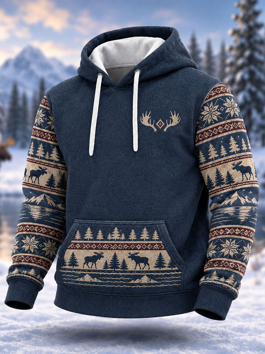 Men's Nordic Fair Lsle-Style Deer Print Oversized Drop-Shoulder Hoodie with Pockets