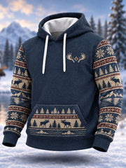 Men's Nordic Fair Lsle-Style Deer Print Oversized Drop-Shoulder Hoodie with Pockets