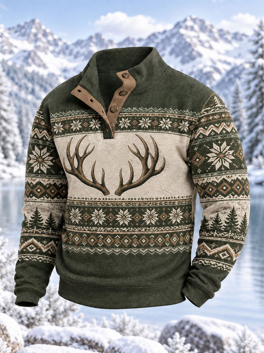 Men's Nordic Fair Lsle-Style Antlers Print Four-Button Hoodie