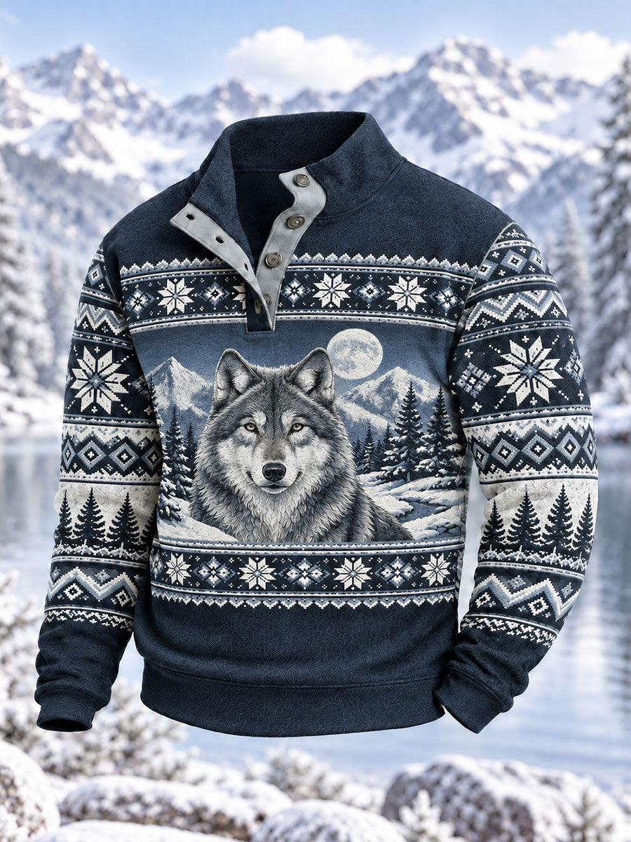 Men's Nordic Fair Lsle-Style Wolf Print Four-Button Hoodie