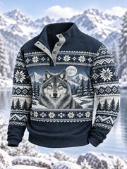 Men's Nordic Fair Lsle-Style Wolf Print Four-Button Hoodie