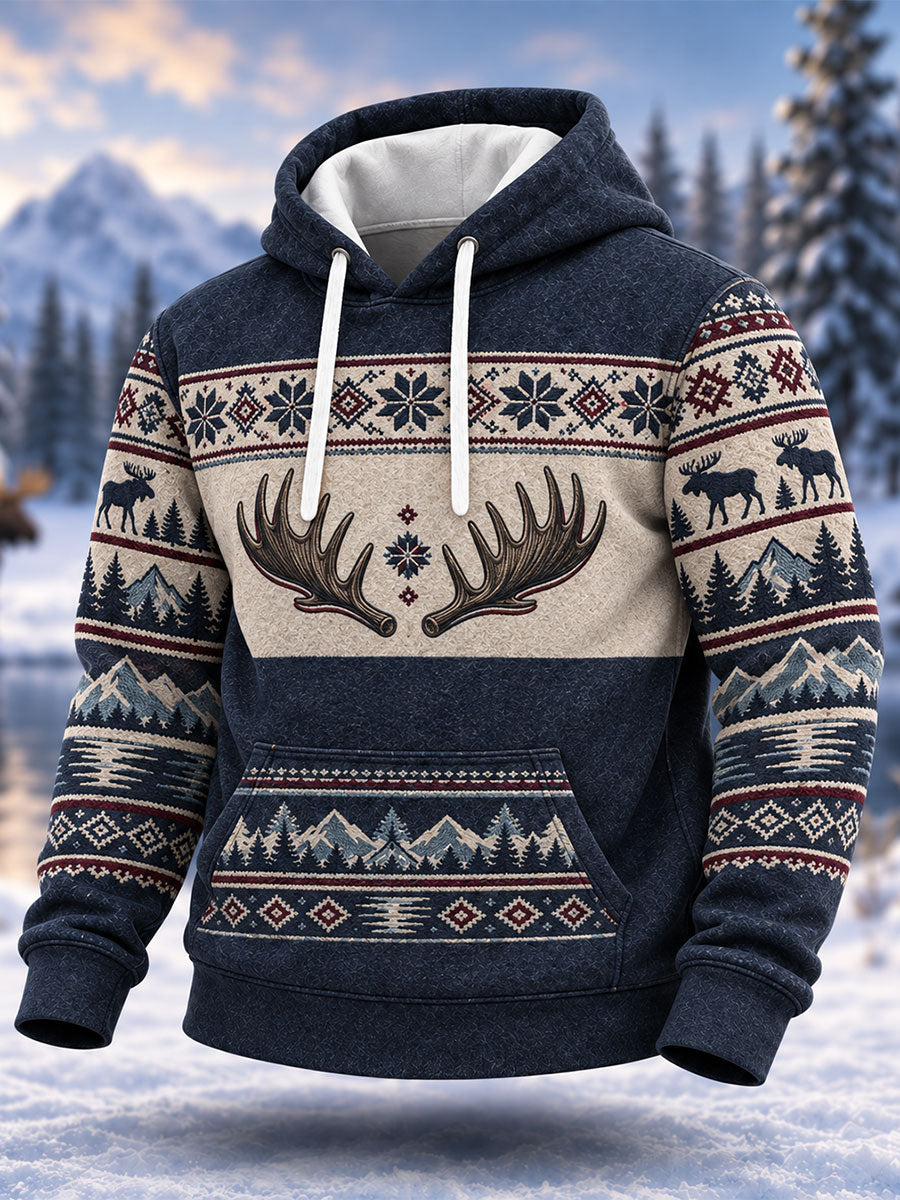 Men's Nordic Fair Lsle-Style Antlers Print Oversized Drop-Shoulder Hoodie with Pockets