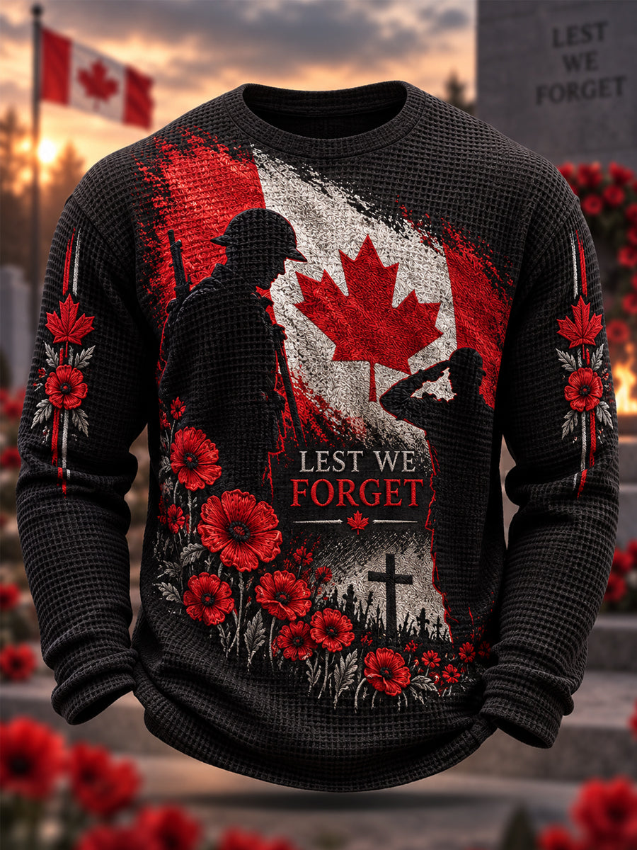 Men's Lest We Forget Canada Remembrance Day Print Waffle Long Sleeve T-Shirt
