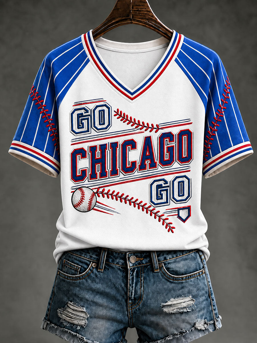 Women's Chicago Baseball Printed V-neck T-Shirt