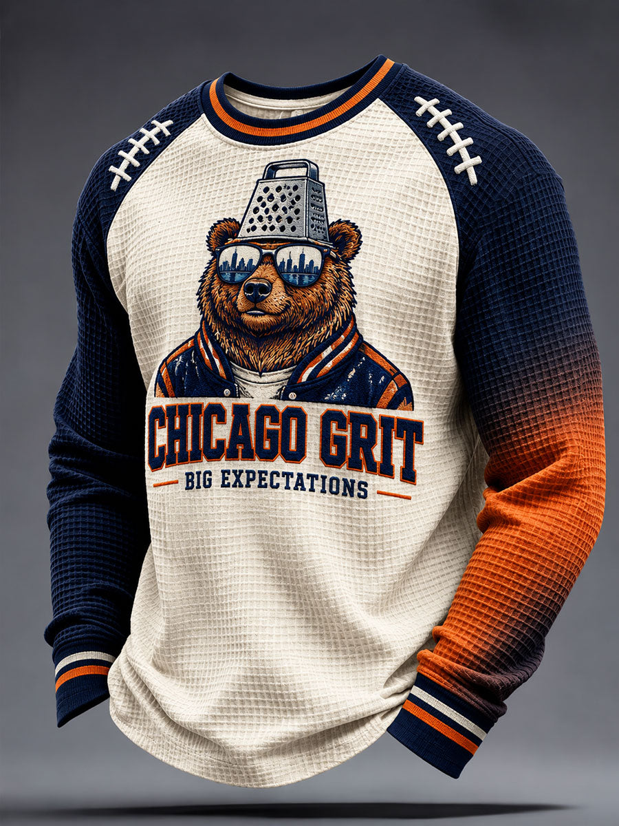 Men's Chicago Football Lover Bear Art Printed Waffle Sweatshirt