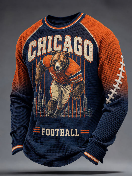 Men's Chicago Football Lover Bear Art Printed Waffle Sweatshirt