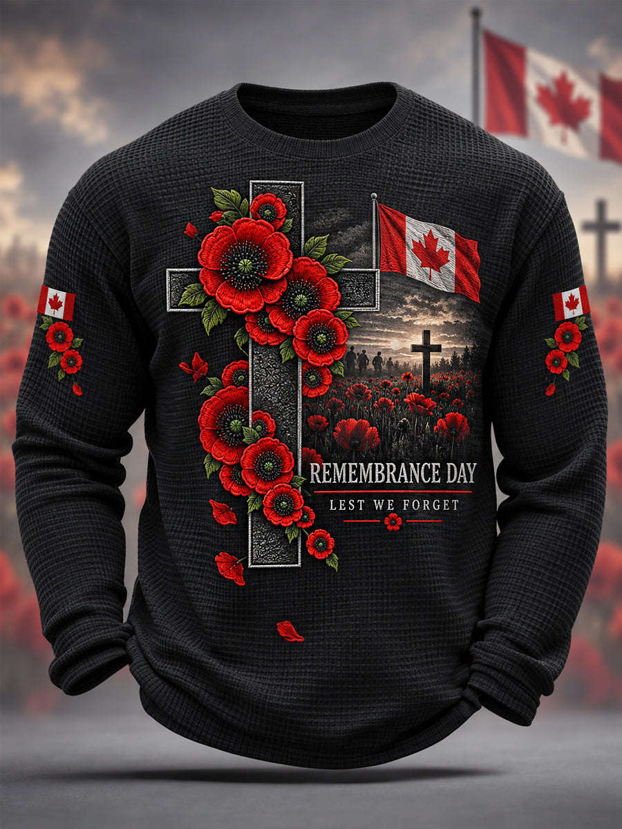 Men's Lest We Forget Canada Remembrance Day  Print Waffle Long Sleeve T-Shirt