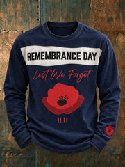 Men's Last We Forget Slogan Papaver Rhoeas Pattern Printed Causal Long Sleeve  T-shirt