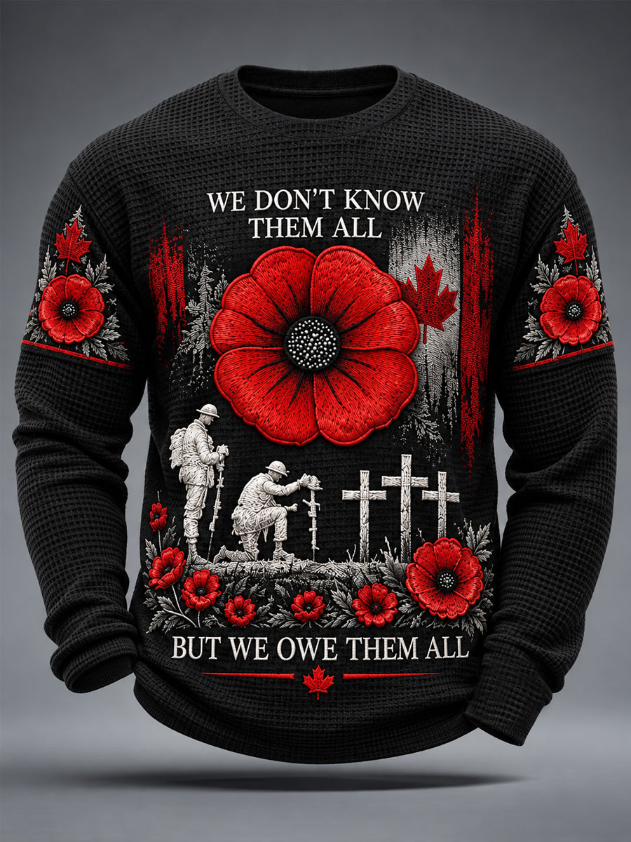 Men's Lest We Forget Canada Remembrance Day Print Waffle Long Sleeve T-Shirt