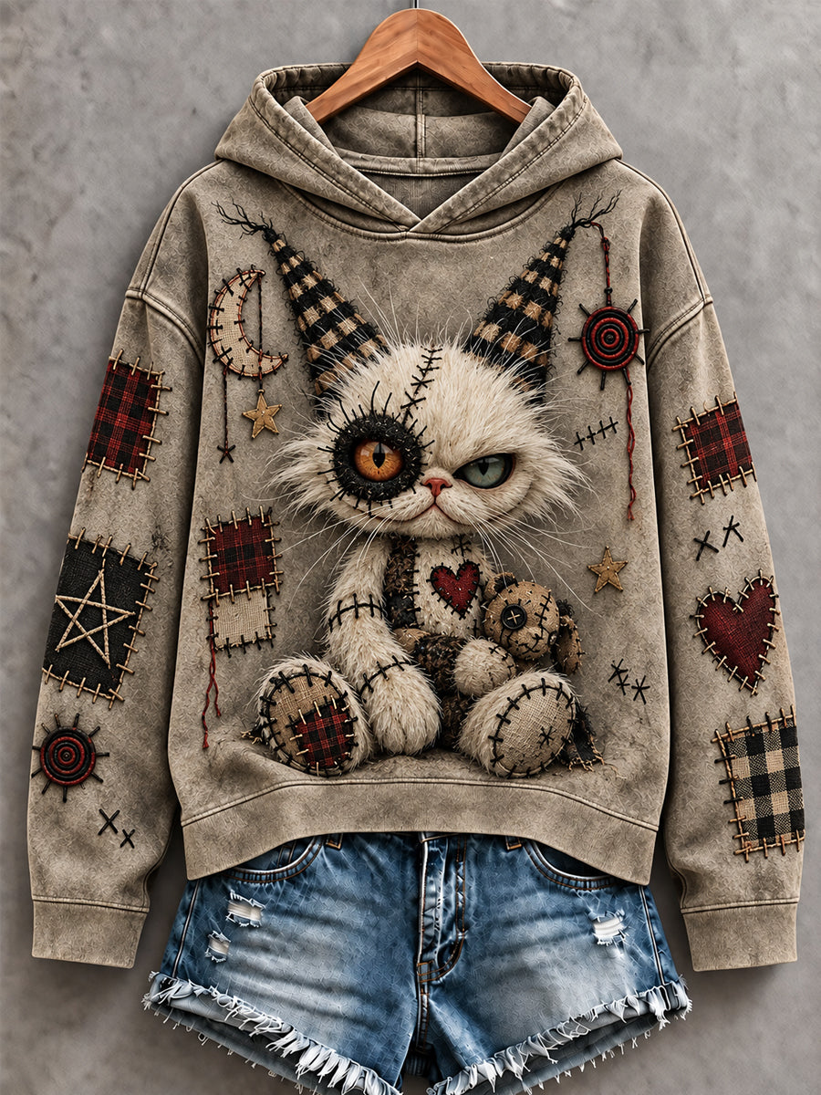 Women's Halloween Creepy Dolls Cat Print Casual Hoodie