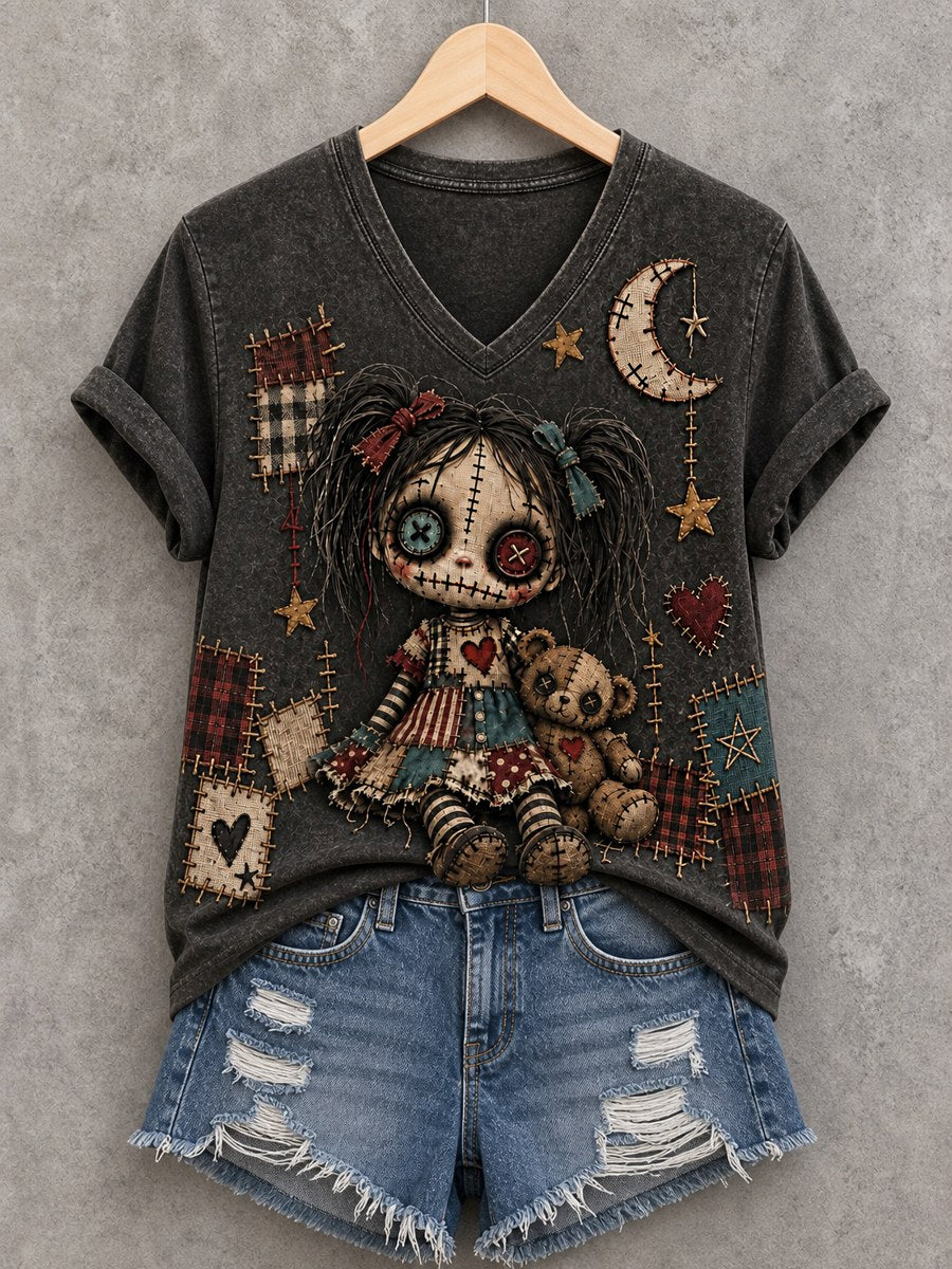 Women's Halloween Creepy Dolls Print Casual V-Neck Tee