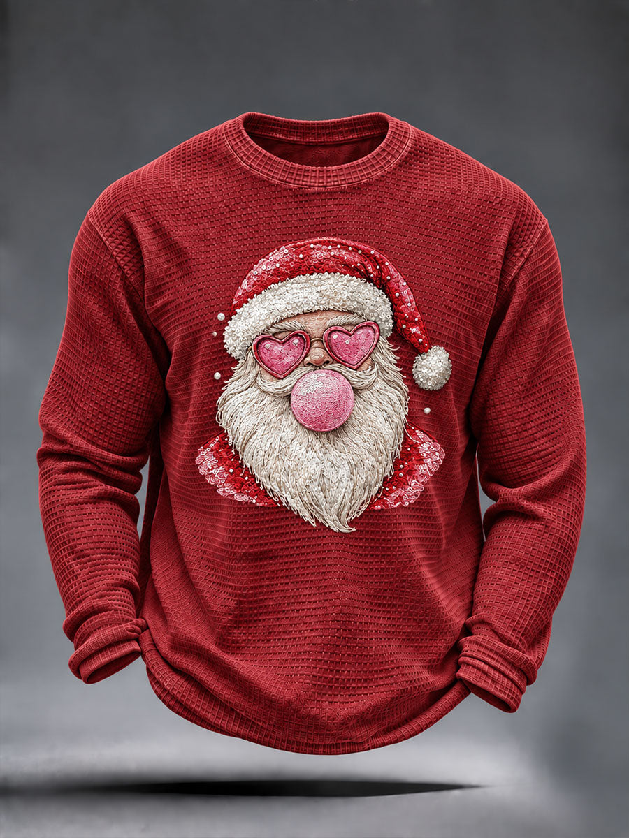 Men's Christmas Santa Print Waffle Long Sleeve T-Shirt