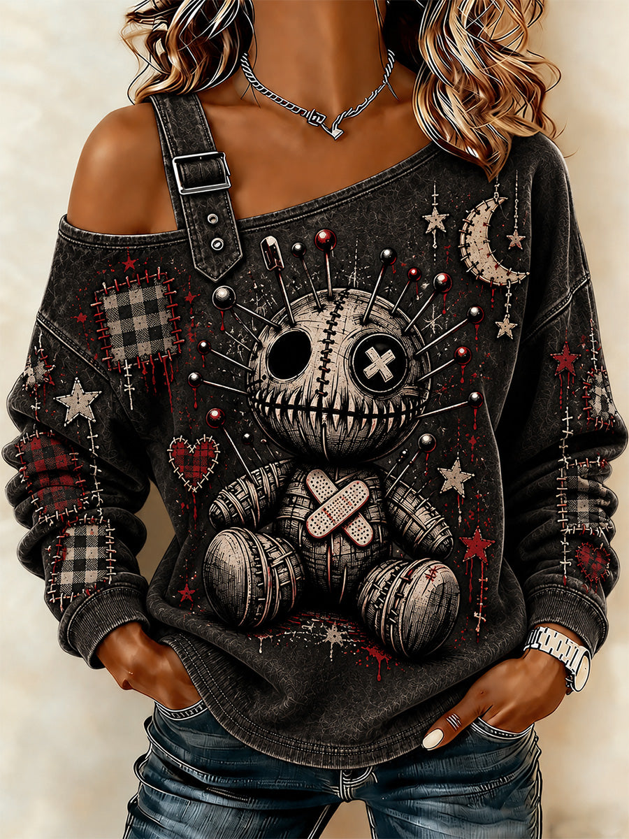 Women's Halloween Art Patchwork Print Casual Off-Shoulder Sweatshirt