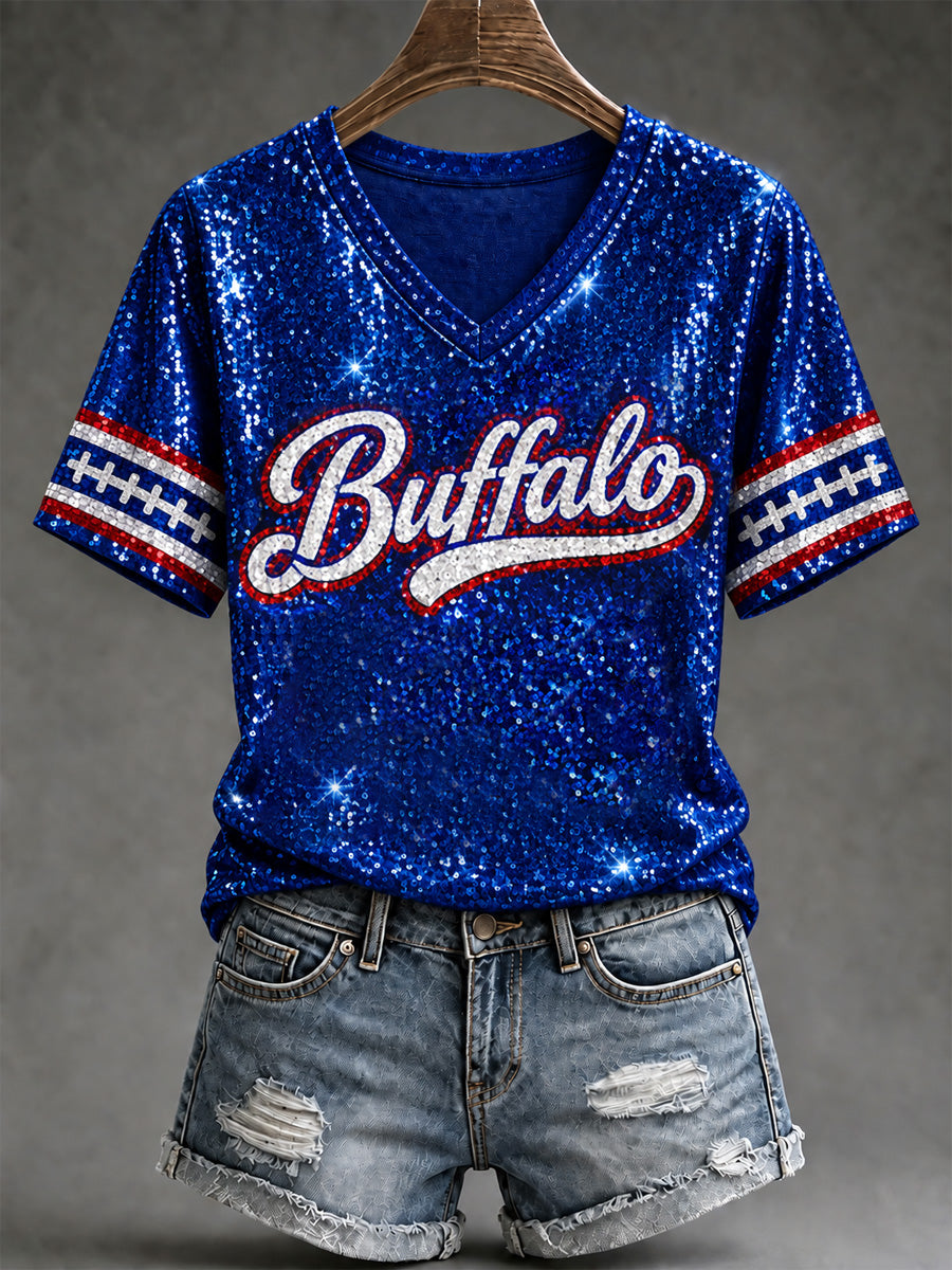 Women's Football Lover Buffalo Print V-Neck Tee