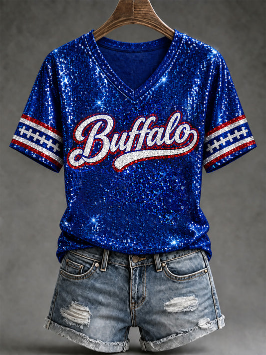Women's Football Lover Buffalo Print V-Neck Tee