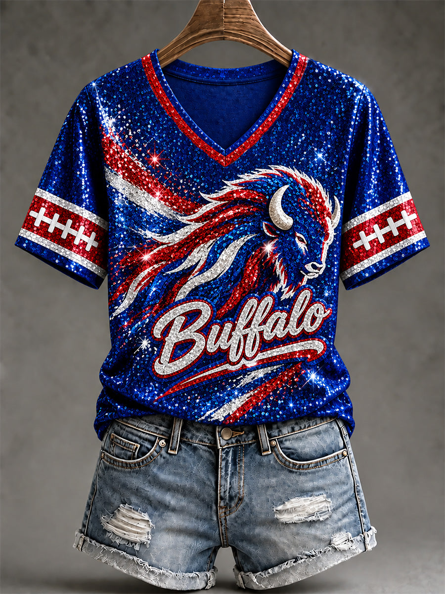 Women's Football Lover Buffalo Print V-Neck Tee