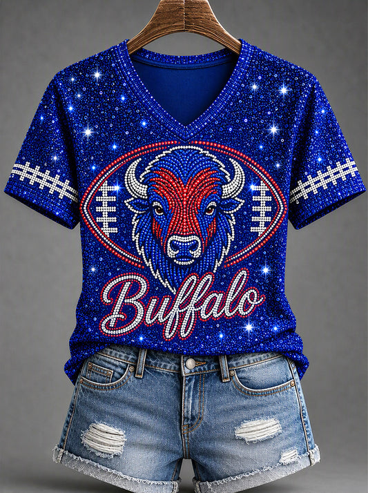 Women's Football Lover Buffalo Print V-Neck Tee